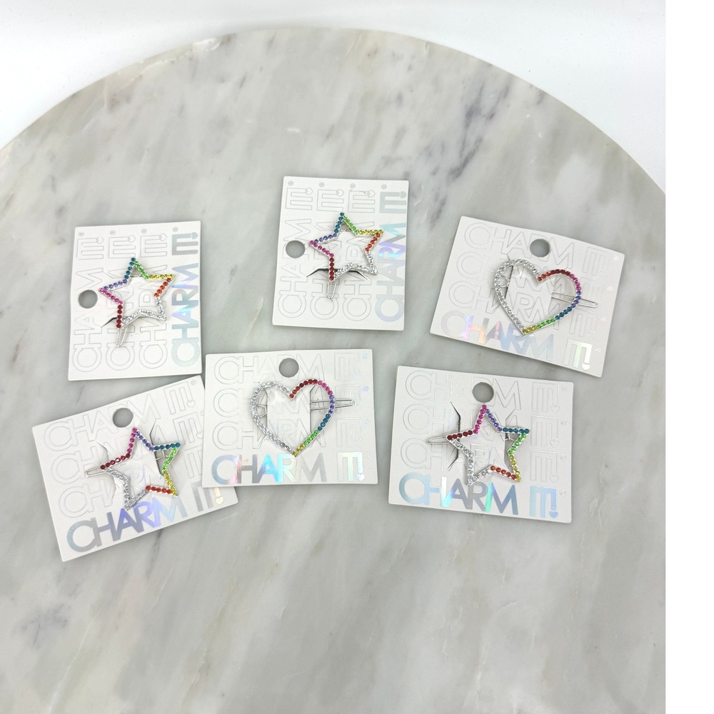Charm‎ It! Kids Rainbow Rhinestone Star and Heart Hair Barrette Clips Lot of 6